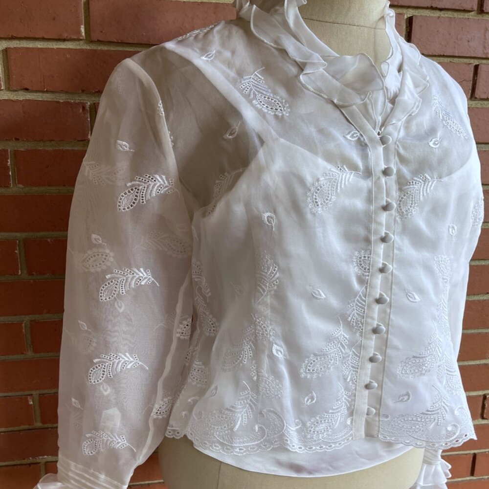 Talbots Petites Silk Blouse Womens 8P Ivory Cottagecore Embroidery Prairie Sheer